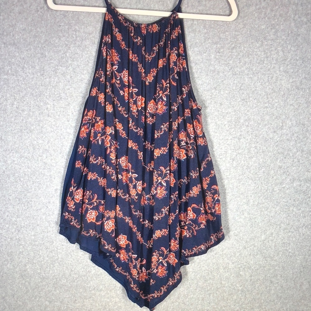 Maurices Navy Blue Floral Halter Tank Top with Orange Print